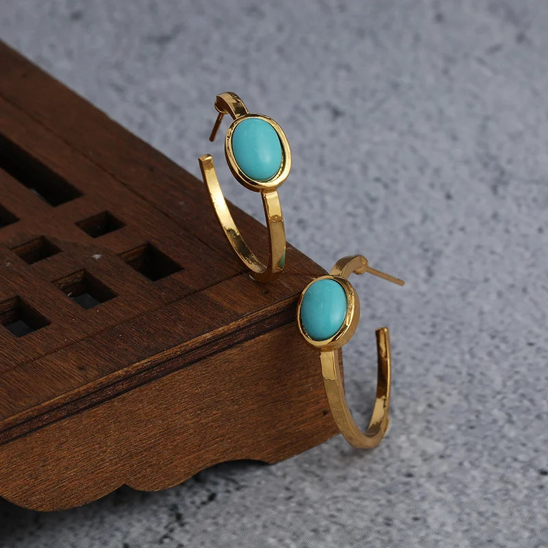 Classic Vintage Oval Turquoise Hoop Earrings Women's Delicate Jewelry Gifts For Her 1Pair