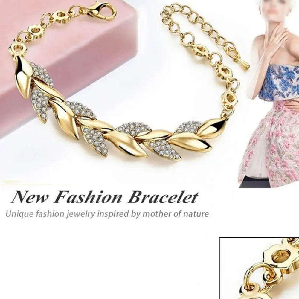 Luxury Fashion 18K Gold Braided Leaf Bracelets Bridal Wedding Jewelry Shiny Crystal Bangle