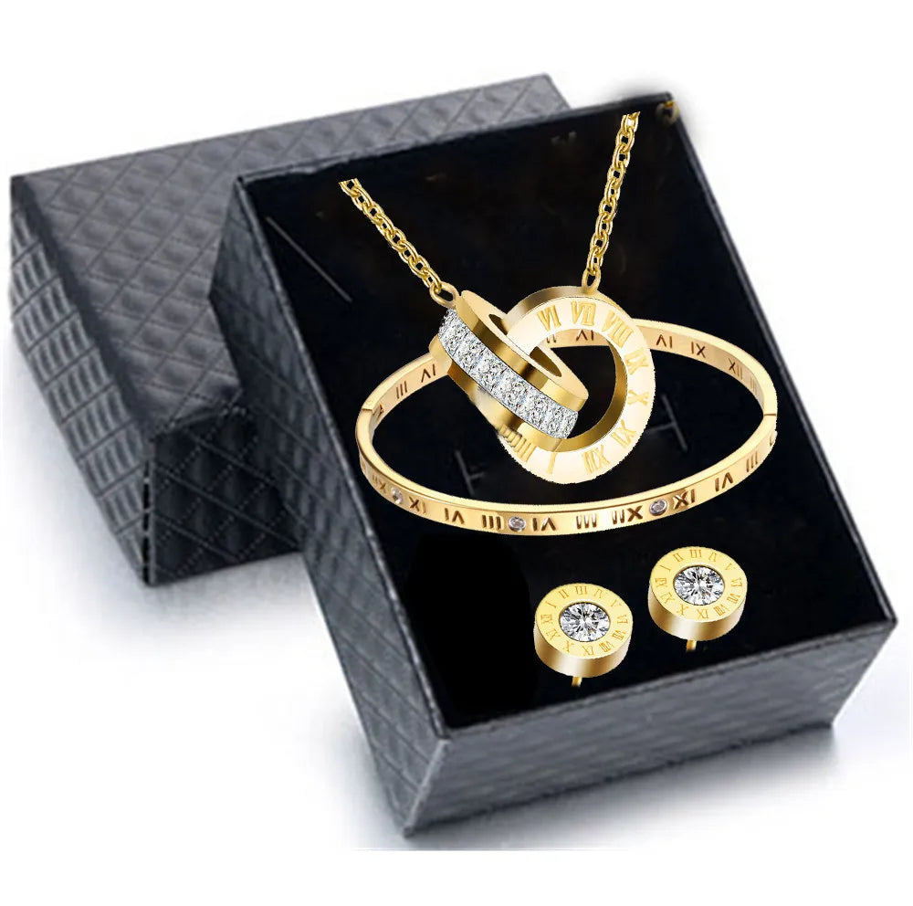 Luxury Roman Numeral Necklace Earring Bracelet Ring Set For Women Never Fade 316L Stainless Steel Wedding Jewelry Set Gift Box