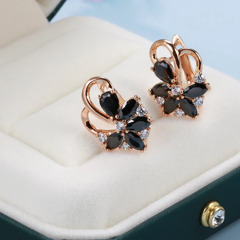 Luxury Geometric Flower Black Zircon Dangle Earrings For Women Natural Zircon Statement Jewelry Women's Sexy Gothic Earrings