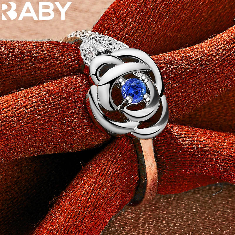 URBABY 925 Sterling Silver Rose Blue AAA Zircon Ring For Women Jewelry Wedding Engagement Band Fashion Party Charms Accessories