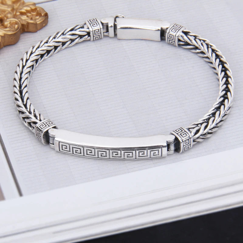 New Silver Color Hemp Rope Keel Men 4mm Bracelet Silver Tide Fashion All-Match Casual Retro Handmade Chinese Style Jewelry