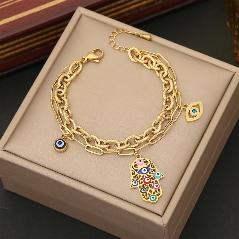 316L Stainless Steel New Fashion Fine Jewelry Zircon Colorful Eyes Palm Heart Charm Chain Necklaces Bracelets Earrings For Women