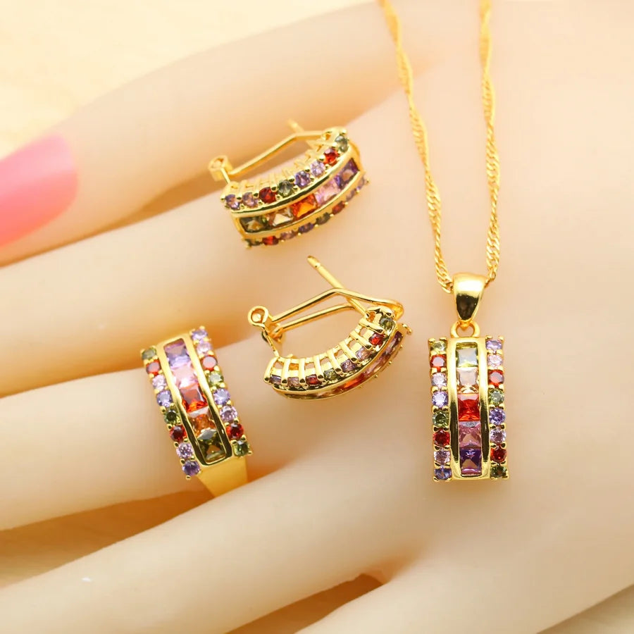 Square Multicolor Zirconia Gold Plated Jewelry Sets for Women Earrings Necklace Pendant Ring Bracelet  Birthday Gift