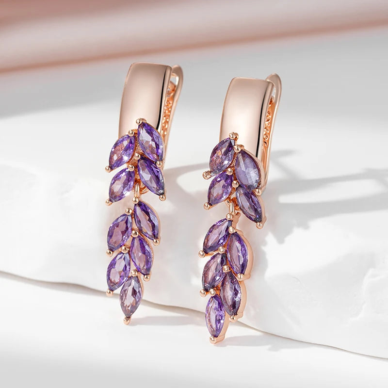 SYOUJYO Purple Natural Zircon Leaf-Shaped Dangle Earrings For Women 585 Rose Gold Color Fashion Jewelry