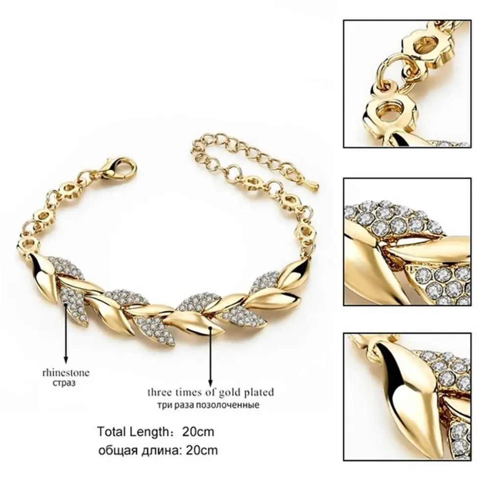 Luxury Fashion 18K Gold Braided Leaf Bracelets Bridal Wedding Jewelry Shiny Crystal Bangle