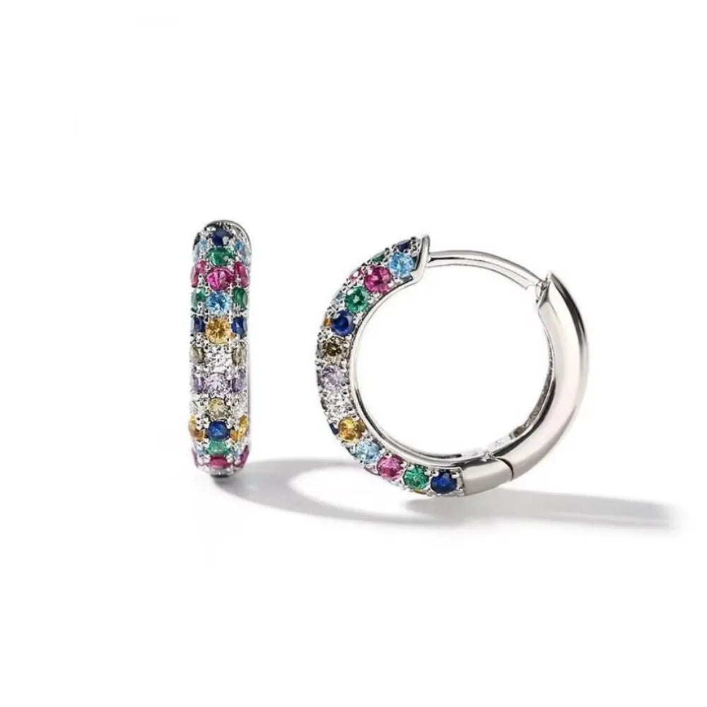 Classic Simple Geometric Circle Colorful Zircon Hoop Earrings for Women New Korea Fashion Jewelry Wedding Bride Accessory Gift