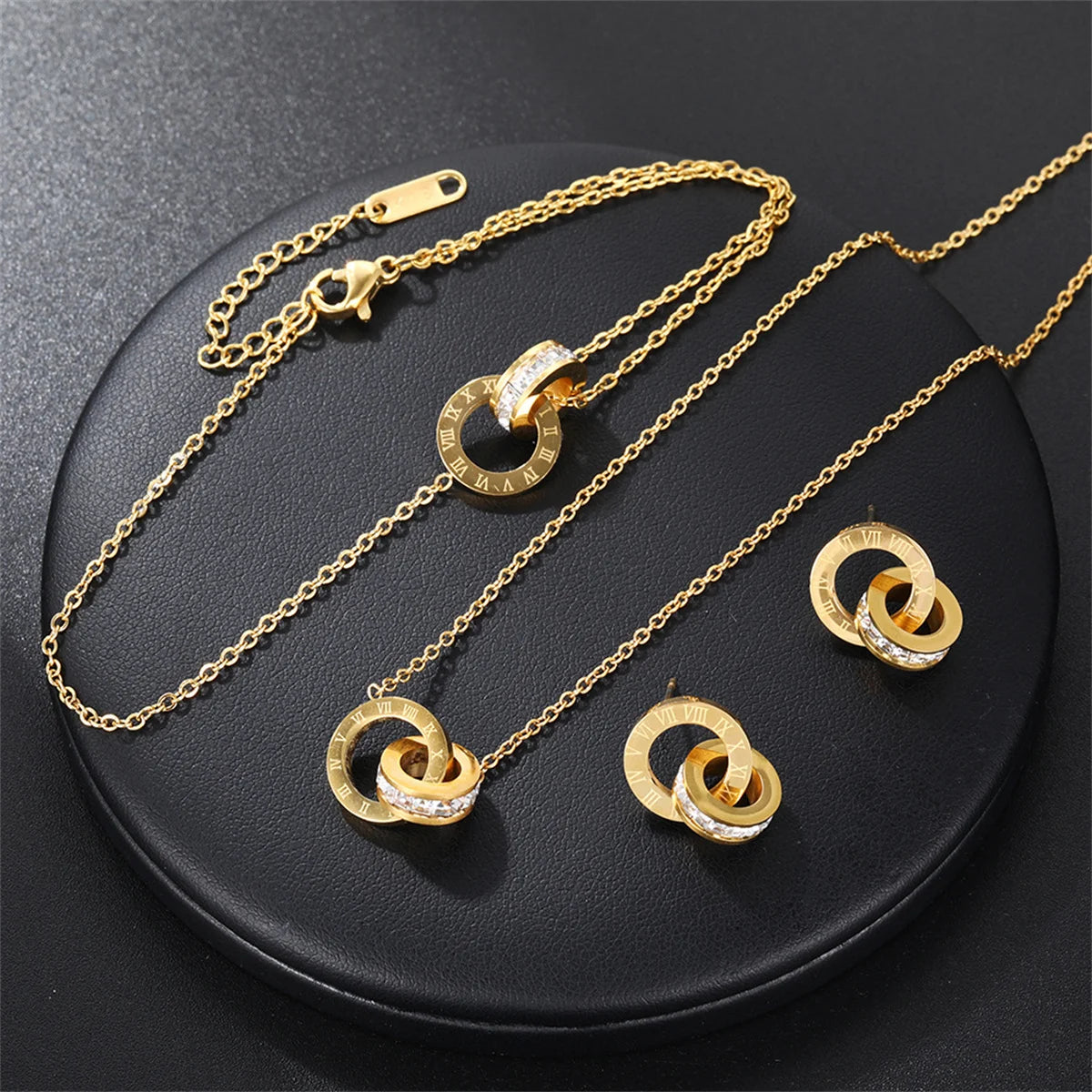 Titanium Steel Roman Digital Double Ring Pendant Necklace Bracelet Earrings Jewelry Set for Women