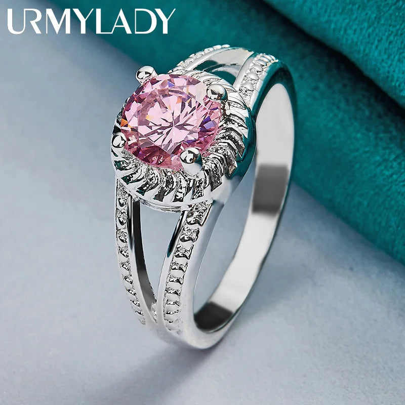 URMYLADY 925 Sterling Silver Charm Pink Zircon 7-10 # Ring For Women Lady Wedding Party Fashion Jewelry