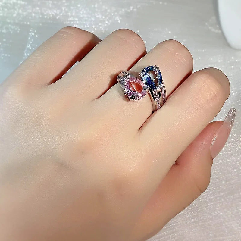 Delicate Silver Color Pink Zircon Stones Water Drop Rings for Women Fashion Bridal Engagement Wedding Open Ring Jewelry Gift