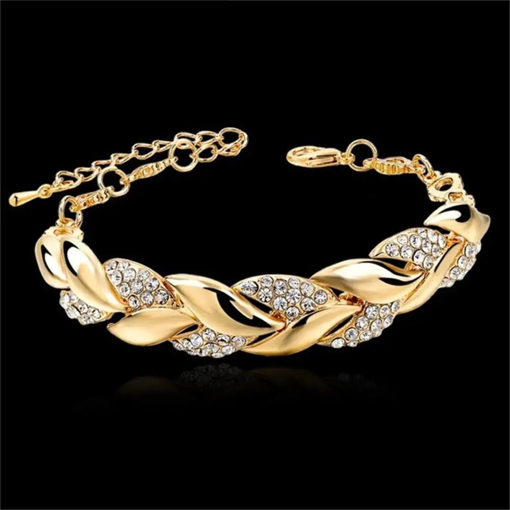 Luxury Fashion 18K Gold Braided Leaf Bracelets Bridal Wedding Jewelry Shiny Crystal Bangle