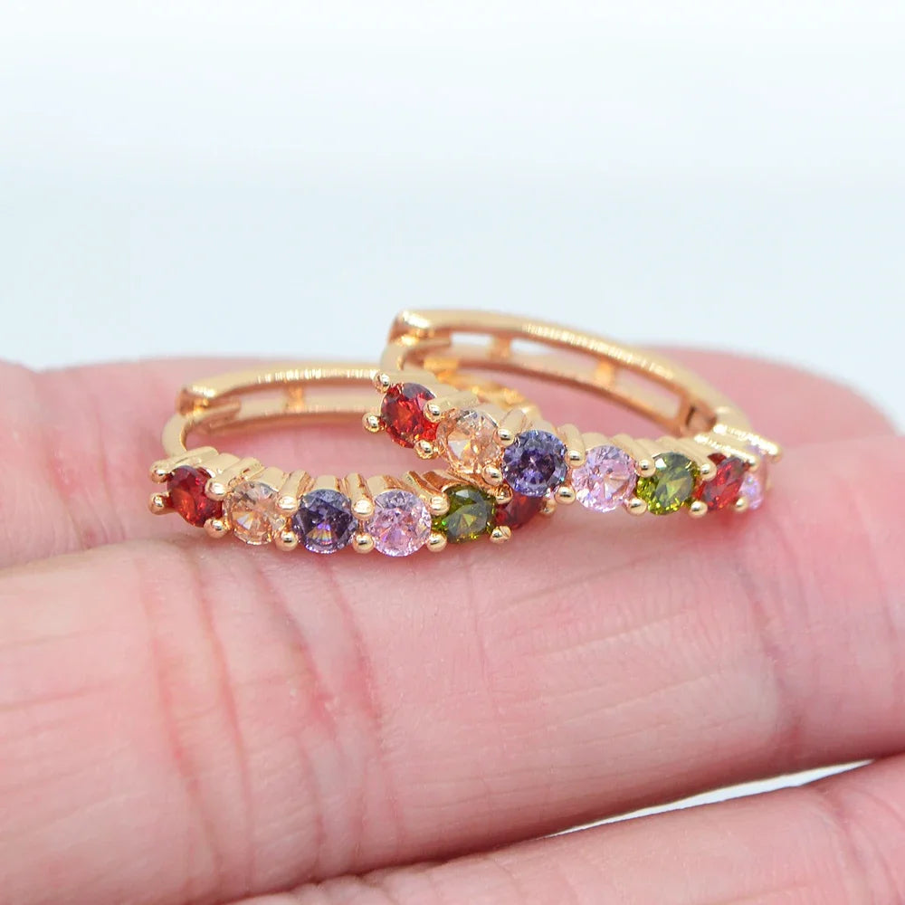 Women Gold Color Classic Rainbow Cubic Zirconia CZ Round Huggie Hoop Earrings Jewelry