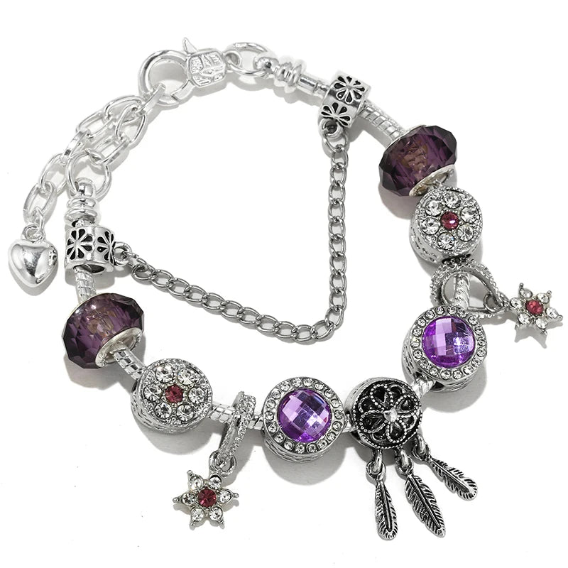 TOGORY Crystal Purple Star Charm Bracelet With Lobster Clasp Adjustable Size Chain Bracelets For Women Jewelry Gift Wholesale