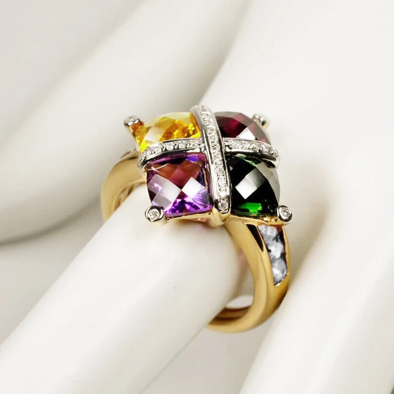 2022 NEW Fashion 18K Gold Colorful Amethyst Topaz Emerald Ruby Couples Ring For Women Full Diamond Engagement Party Gift Jewelry