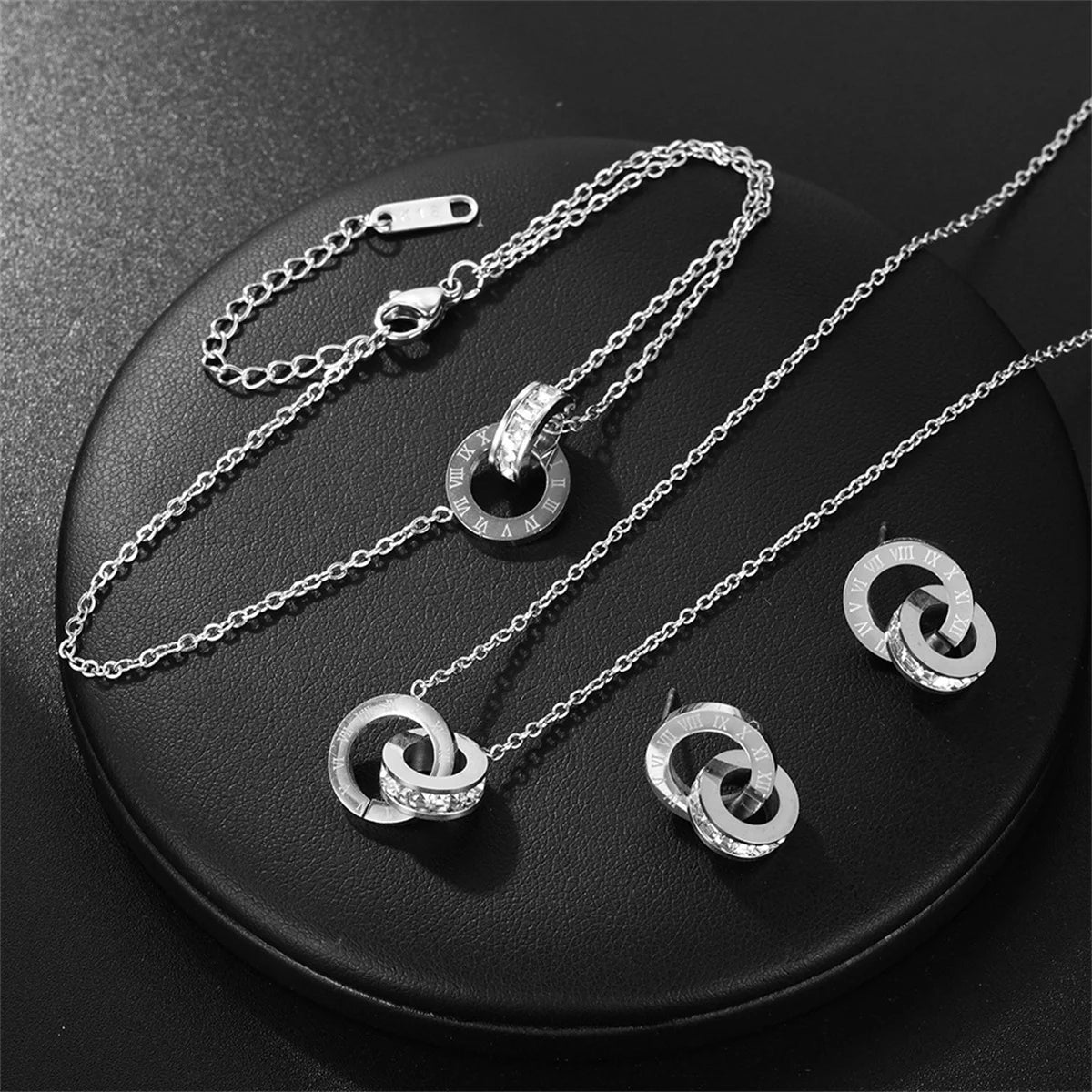 Titanium Steel Roman Digital Double Ring Pendant Necklace Bracelet Earrings Jewelry Set for Women