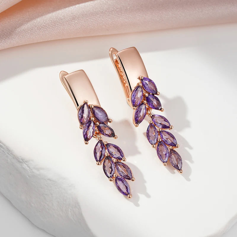 SYOUJYO Purple Natural Zircon Leaf-Shaped Dangle Earrings For Women 585 Rose Gold Color Fashion Jewelry