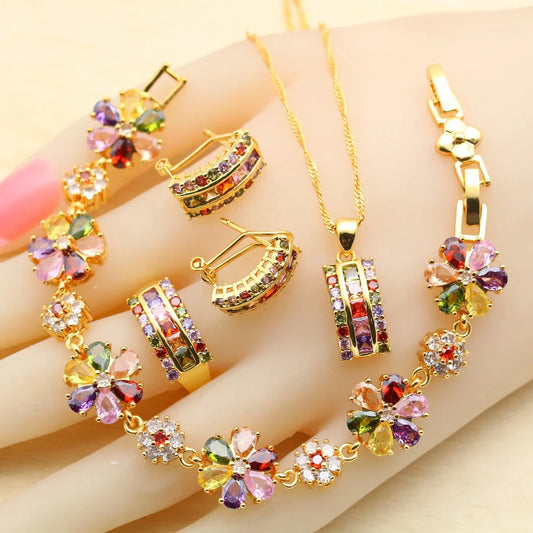 Square Multicolor Zirconia Gold Plated Jewelry Sets for Women Earrings Necklace Pendant Ring Bracelet  Birthday Gift