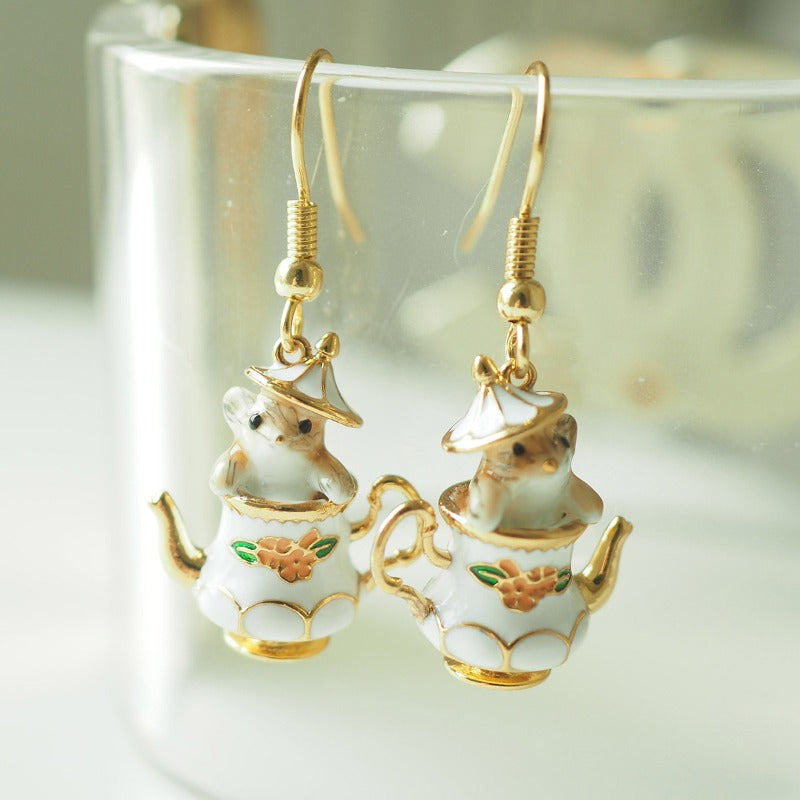 Creative Cute Cartoon Teacup Chipmunk Pendant Earrings for Women Charm Gold Color Enamel Mouse Dangle Earring Jewelry Gift