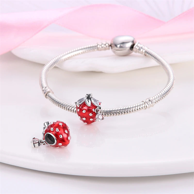 New 925 Silver Color Strawberry Cherry Fruit Series Charms Beads Fit Pandora 925 Original Bracelets DIY Birthday Jewelry Gifts