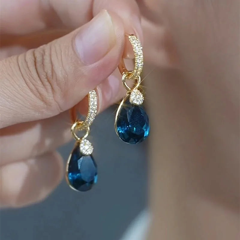 Exquisite Blue Drop-shaped Crystal Pendant Earrings For Women Fashion Personalized Daily Accessories Party Jewelry Birthday Gift