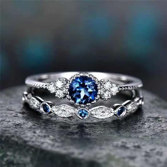 Vintage Blue Green Color Halo 925 Sterling Silver Wedding Ring Set For Women Lady Anniversary Gift Jewelry Bulk Sell R5721