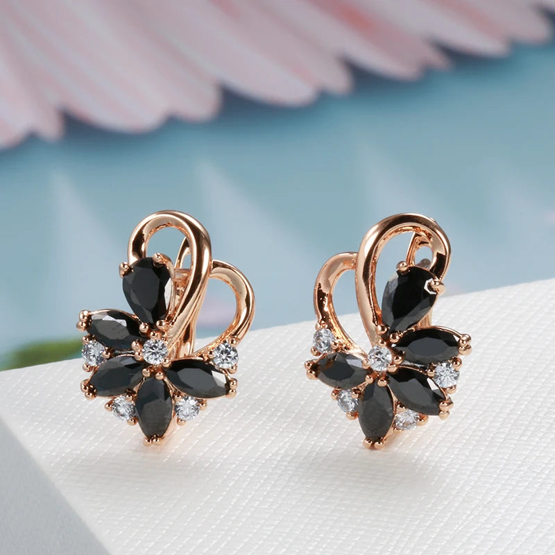 Luxury Geometric Flower Black Zircon Dangle Earrings For Women Natural Zircon Statement Jewelry Women's Sexy Gothic Earrings