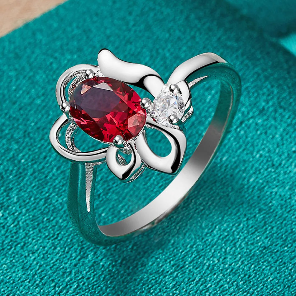 URMYLADY 925 Sterling Silver Flower Ruby 7-10# Ring For Women Wedding Engagement Fashion Charm Jewelry