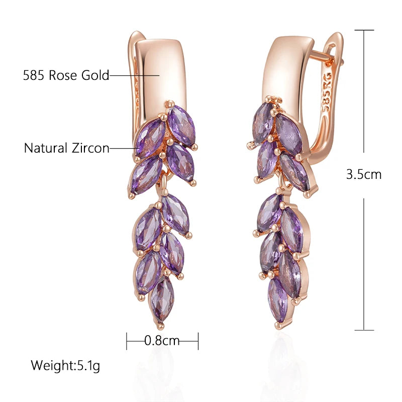 SYOUJYO Purple Natural Zircon Leaf-Shaped Dangle Earrings For Women 585 Rose Gold Color Fashion Jewelry