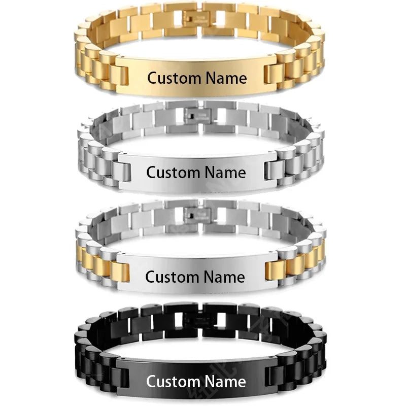 Custom Logo Name Engrave Leather Bangle Hand Made Bracelet Customized Stainless Steel Bracelets For Men ID Bracelet Jewelry Gift