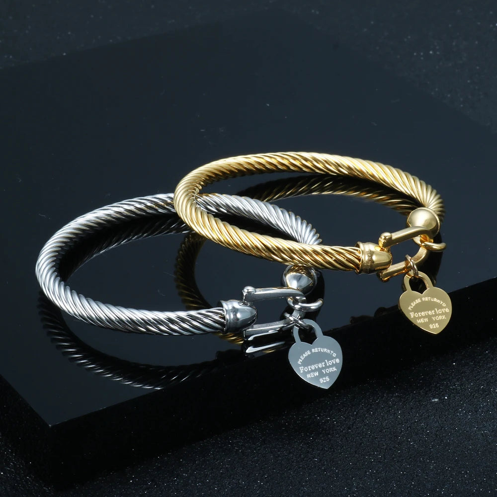 Trendy Stainless Steel Heart Charm Bracelet Cable Wire Cuff Bangle for Women Girls Party Jewelry Gift