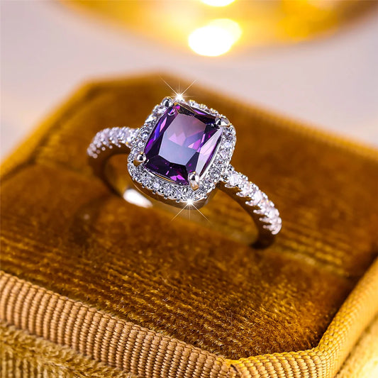 Luxury Female Purple Zircon Stone Engagement Ring Charm Silver Color Wedding Jewelry For Women