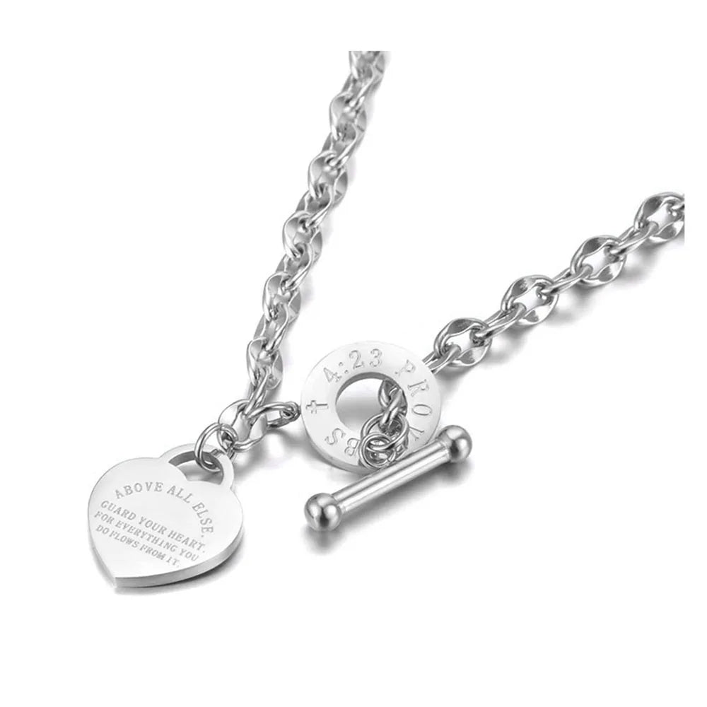 Lokaer Trendy Titanium Stainless Steel Heart Charm Bracelet Necklace Sets Classic Love Bible Proverbs 4:23 O-Chain Jewelry SE056