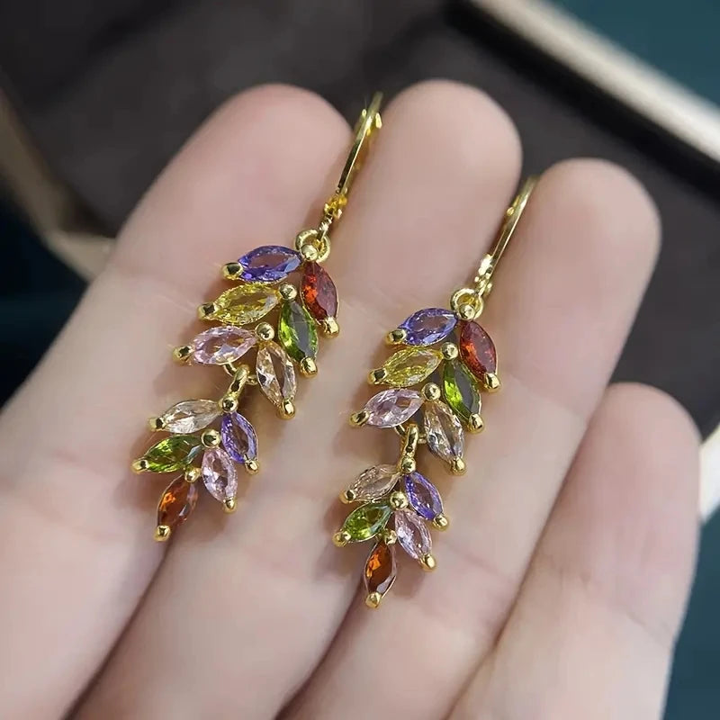 Long Leaf Pendant Earrings For Women's Elegant Earrings, Colored Zircon Earrings, Exquisite Jewelry Gifts