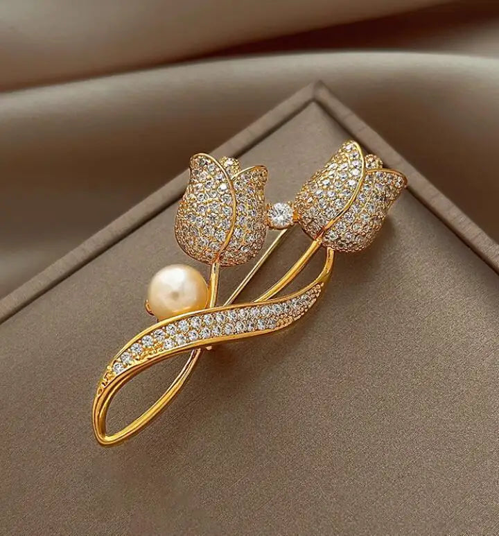 Golden Tulip Flower Imitation Pearl Brooch Shiny CZ Full Of Rhinestone Women's Brooches Metal Pins Party Badge Jewelry Gifts