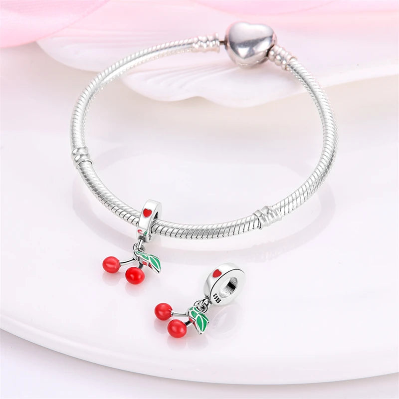 New 925 Silver Color Strawberry Cherry Fruit Series Charms Beads Fit Pandora 925 Original Bracelets DIY Birthday Jewelry Gifts