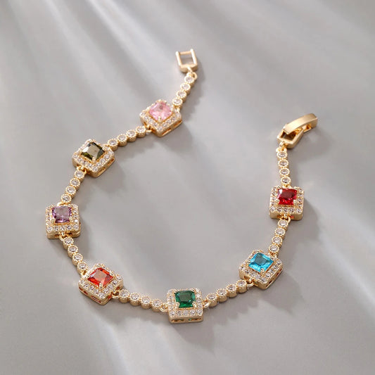 Fashion Gold Plated Multicolored CZ Stone Decor Bracelets For Women Luxury Zircon Handmade Bracelet Charms Chains Jewelry Gift