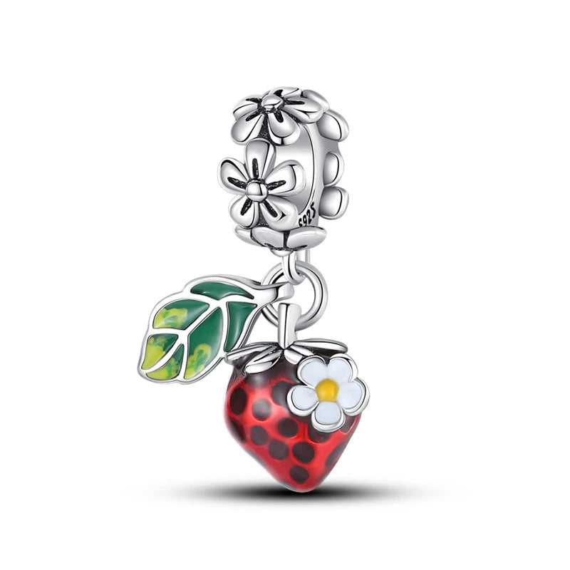 New 925 Silver Color Strawberry Cherry Fruit Series Charms Beads Fit Pandora 925 Original Bracelets DIY Birthday Jewelry Gifts