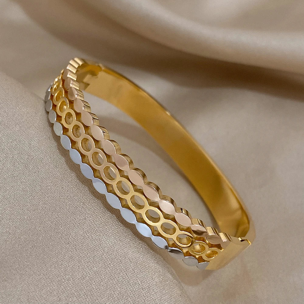 Greatera Tricolor Stainless Steel Oval Ripple Cuff Bracelet Bangle for Women Gold Plated Layered Wrist Waterproof Jewelry