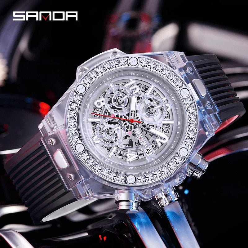 SANDA Fashion Brand Men Quartz Watches Luxury Water Diamond Business Mens Watch Waterproof Chronograph High Quality Men Watch