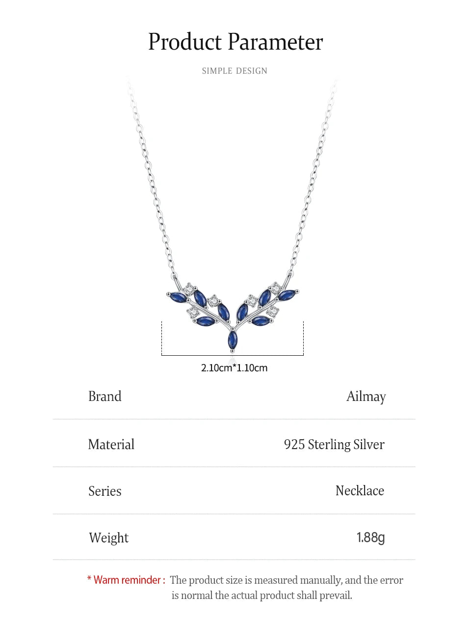 Ailmay  Genuine 925 Sterling Silver Blue Leaf Pendant Necklace For Women Girl Charm Wedding Party Jewelry