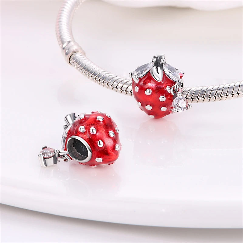 New 925 Silver Color Strawberry Cherry Fruit Series Charms Beads Fit Pandora 925 Original Bracelets DIY Birthday Jewelry Gifts