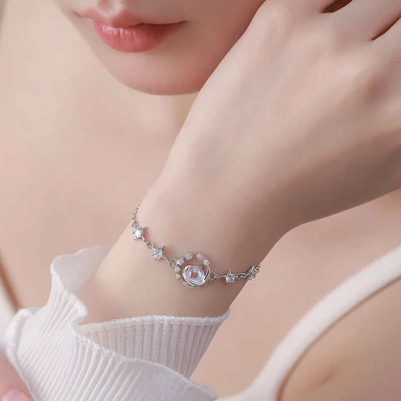 NEW European S925 Sterling silver AAA CZ Moonlight Stone Planet Bracelet Chain For Women Birthday Party Gift Jewelry