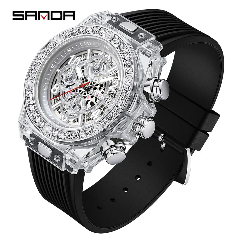 SANDA Fashion Brand Men Quartz Watches Luxury Water Diamond Business Mens Watch Waterproof Chronograph High Quality Men Watch