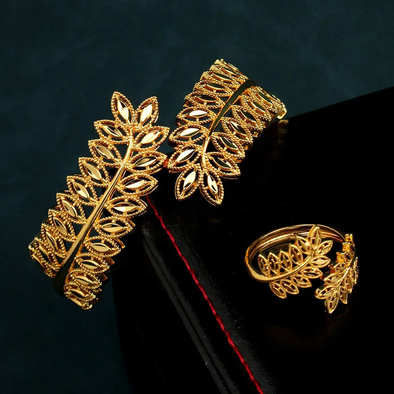 Copper Plating Gold Bracelet Ring Saudi Trendy  Bangle Bracelet for Bridal Leaves Design Cuff Bracelet  Arabic Luxury Jewelry