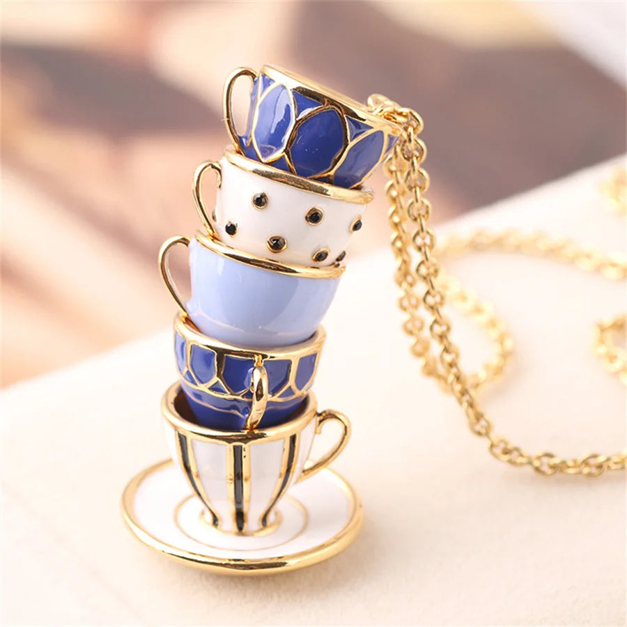 Enamel Glaze Teacup Long Female Necklace Sweater Chain for Girl Party Gifts