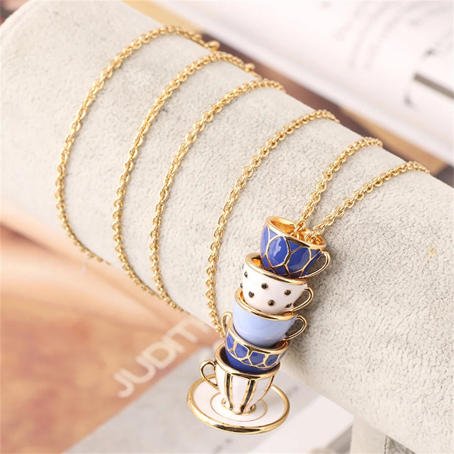 Enamel Glaze Teacup Long Female Necklace Sweater Chain for Girl Party Gifts