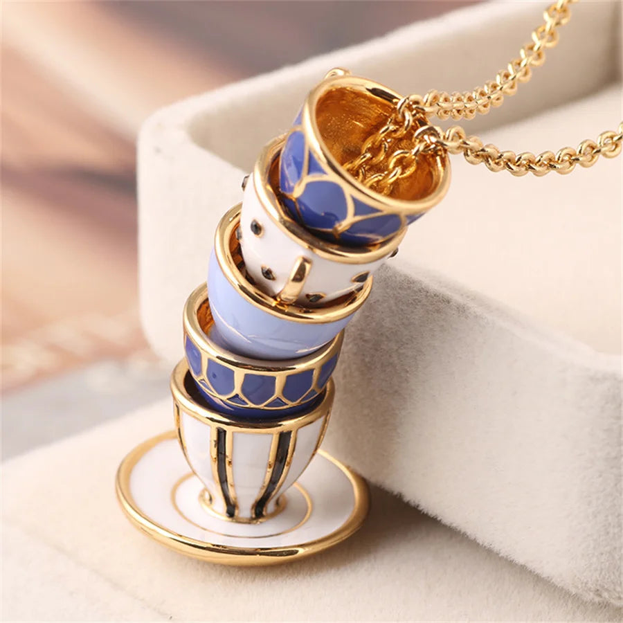 Enamel Glaze Teacup Long Female Necklace Sweater Chain for Girl Party Gifts