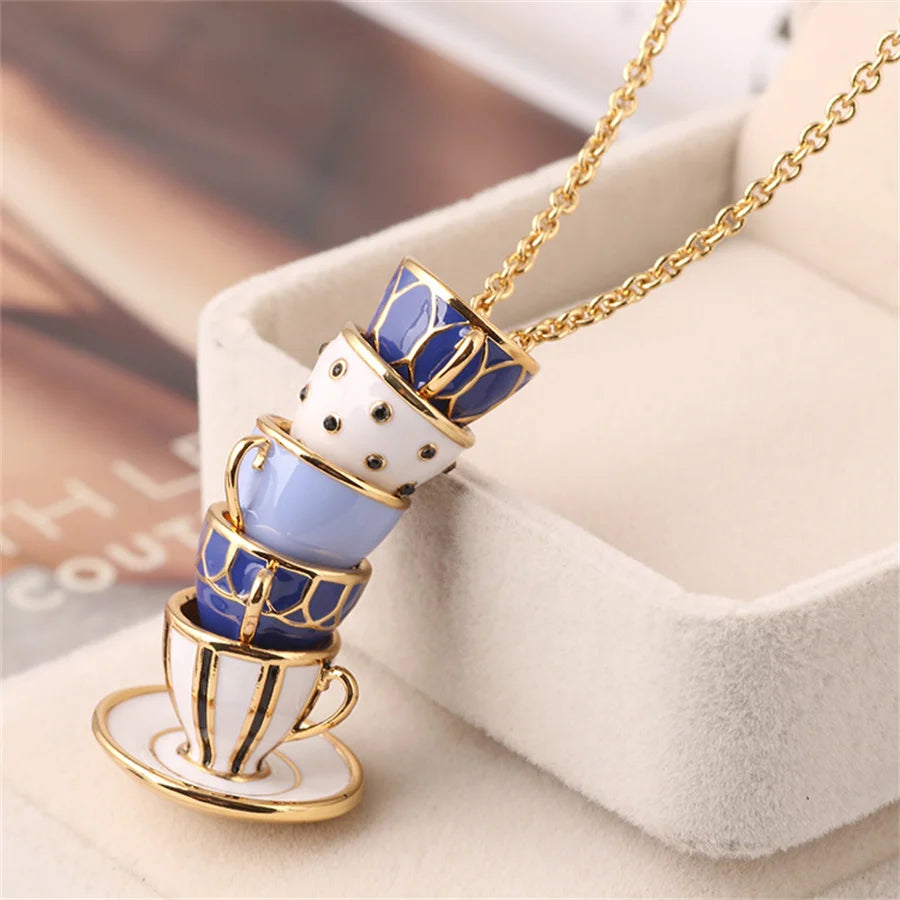 Enamel Glaze Teacup Long Female Necklace Sweater Chain for Girl Party Gifts